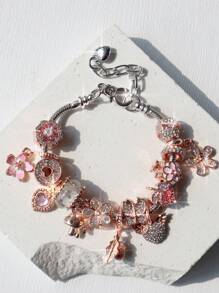1pc Pink Sakura Flower Charm Bracelet; 1pc Cute Mushroom DIY Bracelet; 1pc Adjustable Butterfly & Flower Bracelet; 1pc Classic Heart Shaped DIY Bridal Wedding Bracelet