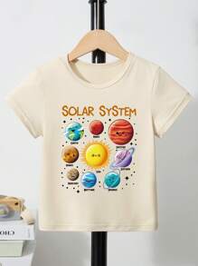 Young Boy Solar System Planet Graphic Print Short Sleeve T-Shirt, Summer - Khaki - View 2