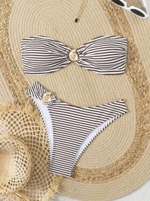 性感条纹比基尼套装，时尚分体式泳衣，独特叉形设计，无肩带比基尼，优雅挂脖比基尼套装，适合夏季海滩度假 - 咖啡棕 - 查看 1