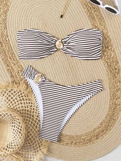 性感条纹比基尼套装，时尚分体式泳衣，独特叉形设计，无肩带比基尼，优雅挂脖比基尼套装，适合夏季海滩度假