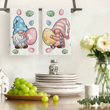 Set van 2 lentekeukenhanddoeken, ontworpen door cartoonkabouterfiguren, geweven van 100% polyestervezel, machinewasbare polyester placemats, hittebestendig, vlekbestendig, waterdicht, gemakkelijk schoon te maken, geschikt voor het schoonmaken van bureaubladen en kommen. Kan worden gebruikt als cadeau, dagelijkse huishoudelijke benodigdheden, keukenbenodigdheden en lente-interieurdecoratie.