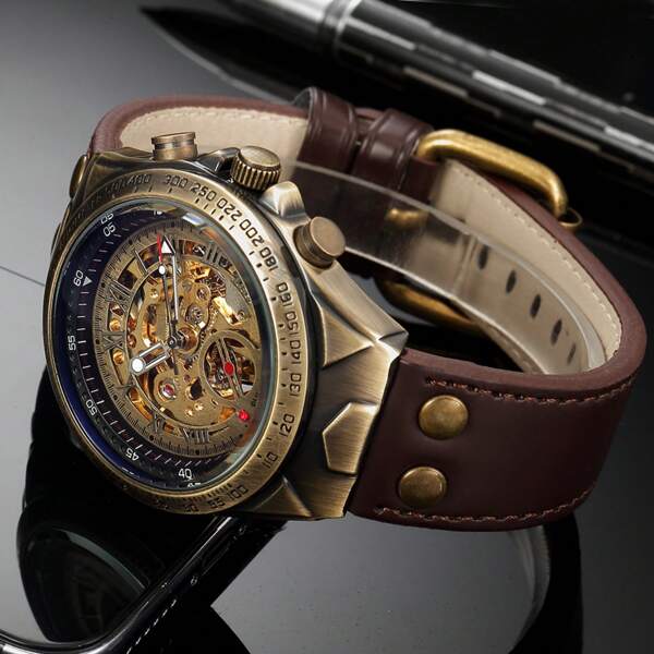 1 Stück Retro Kupfer Mechanische Uhr, 50M wasserdicht, brauner Lederarmband, Cut Out Zahnrad Skelett Rückseite, sichtbare transparente Fliegende Tourbillon Energiespeicherung, Europäischer Import, vollautomatisches mechanisches Uhrwerk, Herrenuhren, geeignet als Vatertagsgeschenk