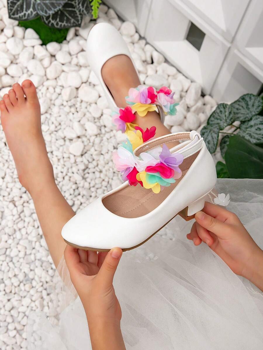 New Girls Dress Shoes High Heel Pumps Kids Thick Heel Colored Flower Princess Shoes - White - View 1