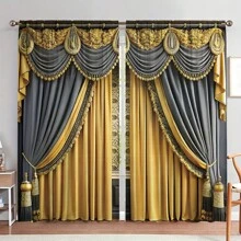 2pcs Black And Gold Palace Style Curtain With Canopy Pattern, Luxury Vintage Decor, Digital Printing Technology, Intricate Floral Design With Delicate Accents. Made Of Polyester, Suitable For Living Room To Showcase Nobility, Bedroom To Create Opulent Ambience, Also Applicable For Study, Hotel, Restaurant And Other Spaces To Elevate Interior