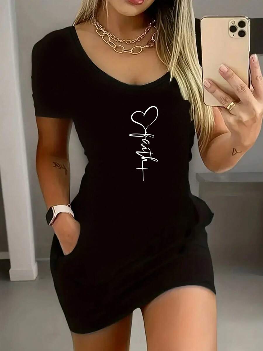 女士性感爱心图案短袖迷你裙，适合夏季穿着 - 黑色 - 查看 1