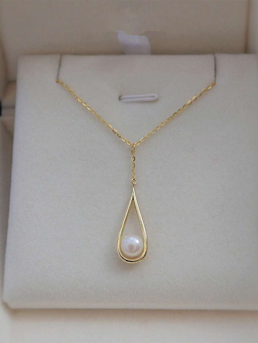 1pc S925 Sterling Silver Plated Gold Teardrop Pearl Necklace, Vintage Pendant Minimalist Clavicle Chain For Women - Yellow Gold - View 1