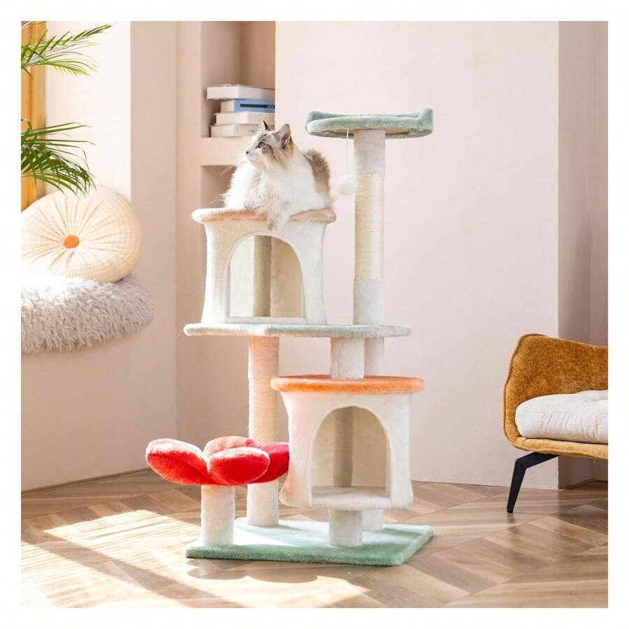 42.7 Inch Flower Tower Condo Furniture Apartment Plush Habitat Kitten Amusement Platform Multi-Level With Scratch Posts Toy Pet House Play For Indoor Cats
