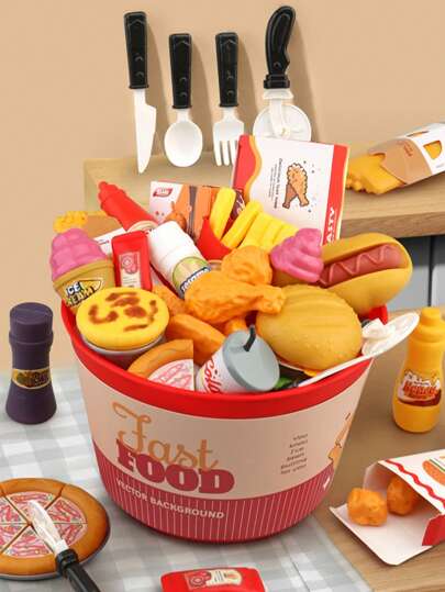 40 件逼真的假食物汉堡、薯条、披萨玩具套装，儿童西餐厨房烹饪玩具，非常适合手眼协调、亲子互动、生日礼物