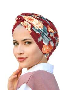 1pc Floral Print Beanie Hat For Women, Elastic Polyester Turban Cap With Twist Design, Fashionable Hair Protection Headwear For All Seasons, Travel & Daily Wear, Daily Wear Cap | Floral Print Hat | Polyester Cap - Multicolor - View 18