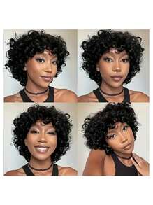 8-calowa krótka peruka Bob Curly z grzywką, peruka z ludzkich włosów Pixie Cut, sprężyste , do noszenia przez kobiety, brazylijskie włosy, bez koronki, peruka z przodu wykonana maszynowo, 8 cali