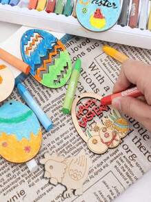 10Pcs Random Style Easter Wooden Eggs, DIY Graffiti Painted Wooden Pendant For Room, Party, Patio Decoration Crafts Free Lanyard