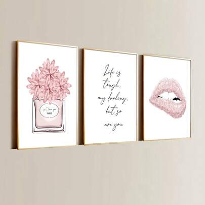 Set Of 3 Unframed Pink Lips Pferfume Darling Quote Fashion Poster Canvas Print Girly Aesthetic Decor Minimalist Wall Art Painting For Beauty Makeup Room,Apartment,Living Room,Bedroom,Modern Home Decoration