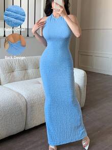 蓝色挂脖性感露背性感后背扭纹修身长裙采用纹理面料优雅休闲度假海滩春夏新款女装