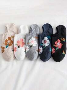 5 pares de calcetines invisibles finos con estampado floral para mujer, calcetines de corte bajo transpirables para damas