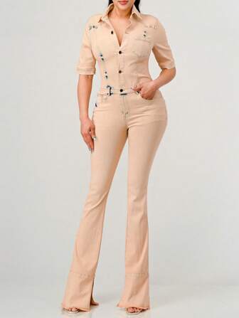 Athina ATHINA WASHED DENIM HALF SLEEVE JUMPSUIT