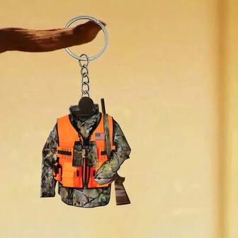 1 2D 亚克力狩猎背心带豹纹迷彩图案卡通街头休闲吊坠钥匙扣环适合户外男女全年使用，为您的汽车包展示不同的风格