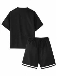 Conjunto informal de 2 piezas para adolescentes varones con camiseta de manga corta con estampado de rayos y pantalones cortos con cinturón tejido retazos
