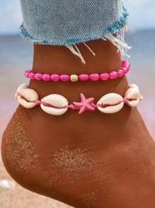 1 Set Women's Ocean Style Woven Shell Beaded Anklet Chain Set - Blue - View 4