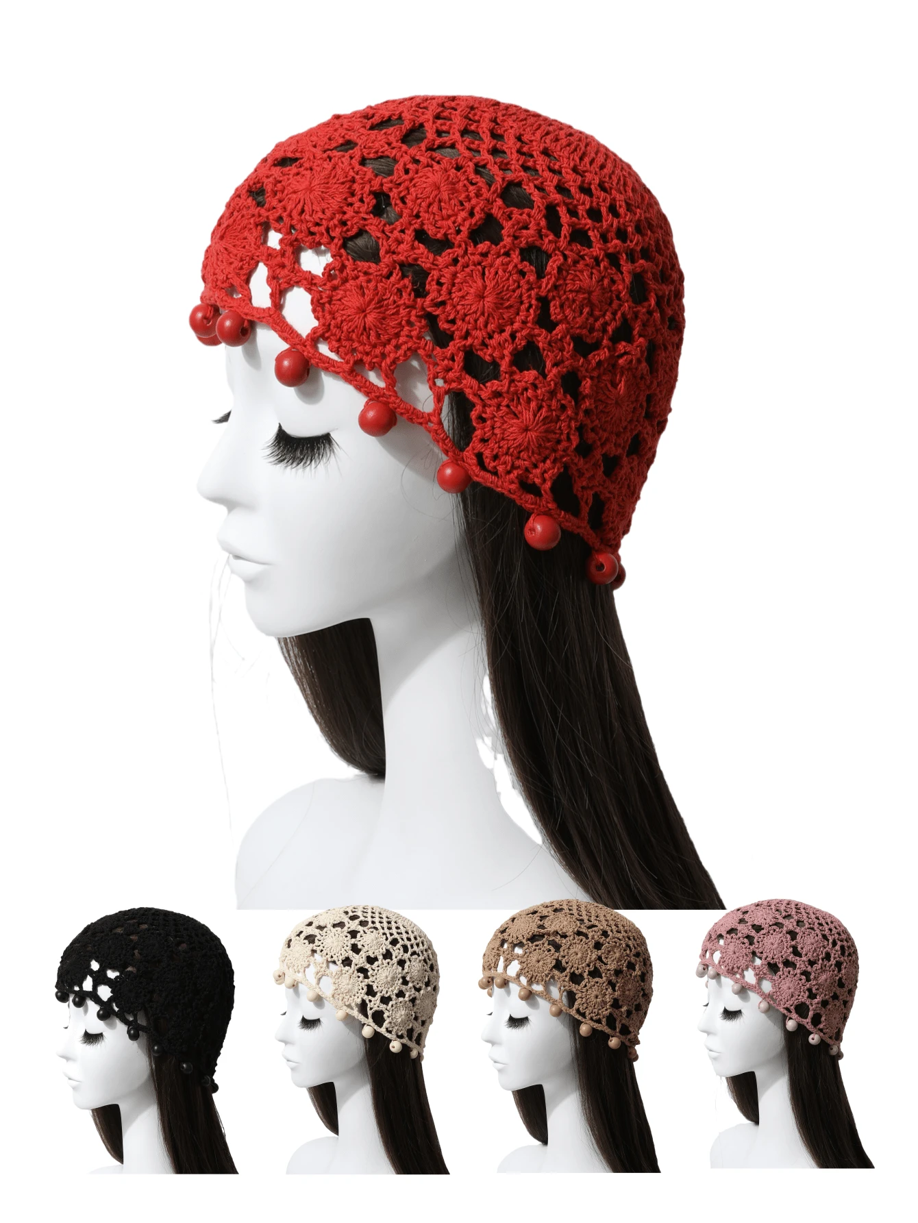 1 buc. șapcă fără boruri din croșetat, lucrată manual, cu mărgele, pentru femei, tricot subțire exotic de epocă pentru primăvară/vară