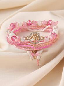 5pcs Pink Elegant Versatile Fashion Graceful Luxury Handmade Beaded Crystal Life Tree Butterfly Anklets Set, Suitable For Women Gift, Party, Casual, Travel, Bar, Holiday, Daily Wear