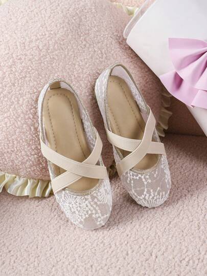 1 Pair Girls Fashionable Flower Decorated Princess Flat Canvas Shoes, Student Girl's Comfortable Outdoor/Dance Shoes, Lace White, Suitable For Wedding