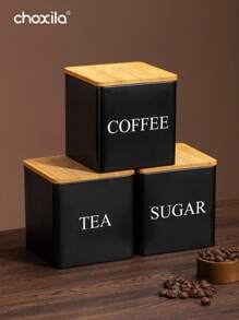choxila 3pcs Coffee Storage Can Tea Snacks Coffee Bean Storage Can Bamboo Lid Iron Art Display Square Can Back To School