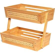 Bamboo Fruit Basket For Kitchen Counter & Beyond | Elegant 2-Tier Vegetable & Fruit Holder Combines Beautiful Solid Bamboo & Breathable Rattan Mesh For Produce Storage & More