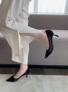 Xin Jing Shoes Fall/Winter Mesh Insert Point Toe Stiletto Heeled Court Pumps, Black Elegant Solid Color High Heel Shoes For Women, Elegant, Kitten Heels