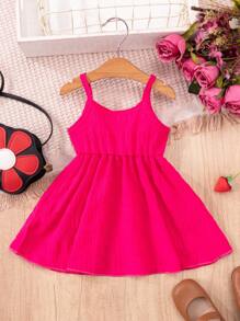 1pc Girls Casual Cute Solid Color Button Decor Suspender Dress For Holiday Party Gifts, Summer - Hot Pink - View 3