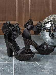 Women's Thick Sole High Heel Sandals, Black Lace Floral Design, Elegant Style, Suitable For Outdoor Dancing, Pair With Dress, Sexy High Heel Sandals