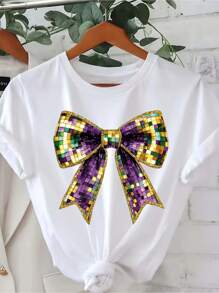 Women's Mardi Gras Sequin Bow Graphic T-Shirt Vibrant Purple & Yellow, Short Sleeve Crew Neck,Machine Washable 100% Cotton