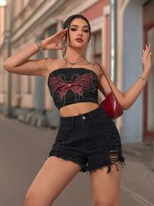 Shorts Denim Desgastados de Cintura Alta na Moda com Franjas