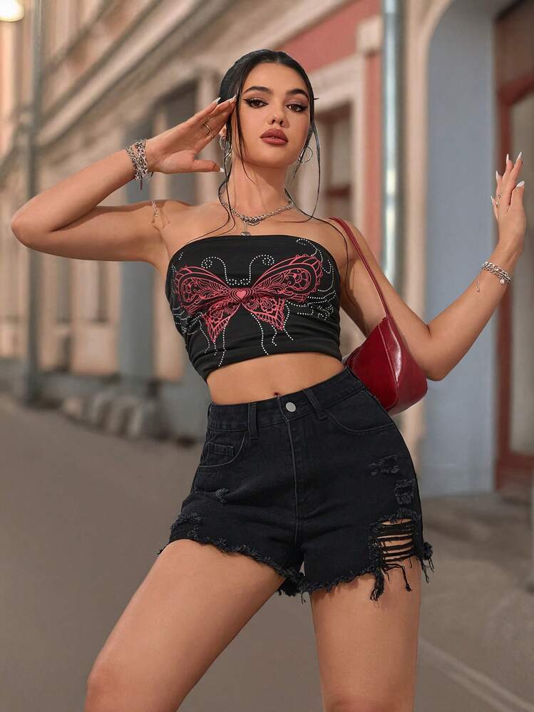 女士夏季休闲黑色直筒牛仔短裤，毛边裤脚带口袋，无弹力牛仔短裤 - 黑色 - 查看 6