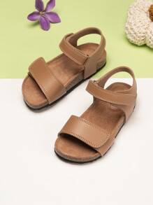 1 Pair Fashion Solid Color Cute Kids/Toddlers Soft Cork Bottom Comfortable Flat Sandals, Suitable For Boys/Girls, Summer Beach Shoes With Hook And Loop Opening, Open Toe Design For Easy Wear
