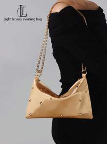 1pc Fashion Solid Color Rivet Embedded Diagonal Crossbody Bag, Elegant & High-End With Luxury Chain, Suitable For Weddings, Parties, Galas, Nightclubs, Gifts, Formal Dress - Gold - View 1