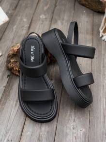 女士厚底坡跟凉鞋，夏季新款黑色沙滩拖鞋休闲百搭罗马凉鞋 - 黑色 - 查看 7
