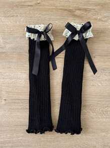 Fashion Retro Girls Ruffle Bow Knitted Long Sock, Warm Leg Warmers, Spring Autumn