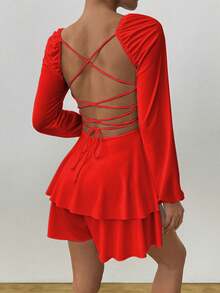 1件跨境流行欧美风性感露背绑绳灯笼袖连衣裙优雅百褶裙连体裤组合 - 紅色 - 查看 2