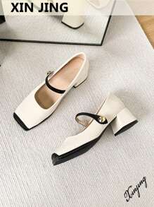 Xin Jing Shoes New Fashion Women's Chunky Heel Pumps With Color Block Design, Elegant, Mary Jane - Beige - View 2