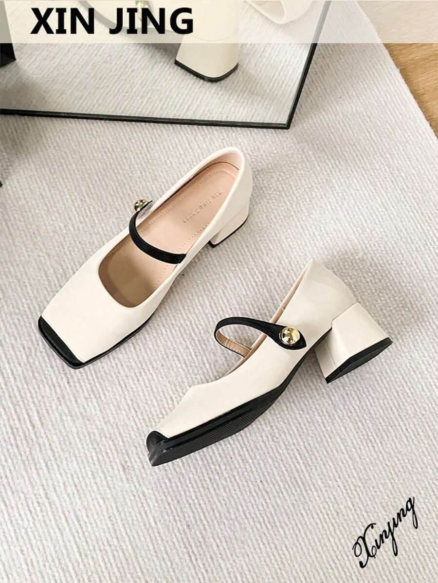 Xin Jing Shoes New Fashion Women's Chunky Heel Pumps With Color Block Design, Elegant, Mary Jane