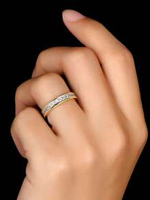 XUJIA 1枚公主方形切割永恒戒指，4x4毫米方形立方氧化锆密镶，925纯银订婚结婚戒指，女士珠宝礼物 - 金黃色 - 查看 3