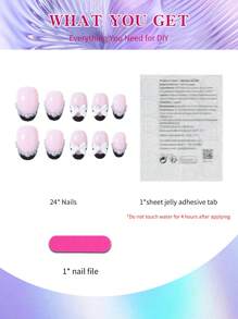 24pcs Short Oval Glossy Black French Tip Press-On Nails White Bow With Pearl Design Perfect Fit Design Acrylic False Nails Set Contains 1 Jelly Glue And 1 Nail File Suitable For Women And Girls Daily Work Study And Party Use