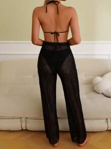 Fashionable Women Solid Halter Bikini Set With Pants, For Summer Beach Vacation