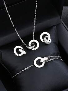 Bộ trang sức vòng cổ, vòng tay, bông tai, vòng tròn lồng vào nhau bằng thép không gỉ mạ vàng vô cực theo phong cách La Mã 4 món - Bạc - Xem 11