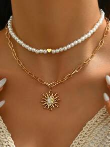 2pcs Bohemian Style Multi-Layer Pearl Heart & Sun Pendant Beaded Necklace, Suitable For Women Beach Vacation Wear