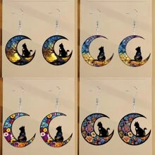 A Set Of 4 Pairs Of Unique And Dreamy Crescent Moon Cat Earrings, With Colorful Patterns That Blend Starry - Sky And Flower Elements