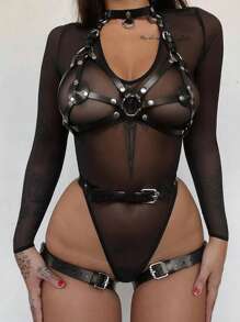 2 件哥特式镂空网眼可调节吊带紧身胸衣，朋克纹理蜜桃臀围 PU 内衣套装，性感训练束缚装，狂欢 - 黑色 - 查看 5