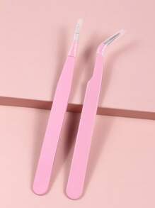 2/1pc Pink Straight Head Elbow Two Tweezers Set Simple Tweezer Head Fine Easy To Meet The Need Thickened Steel Hardness High Elasticity Durability Good With Protective Head Cover To Avoid Hand Injury Tight Fit Comfortable - Multicolor - View 4