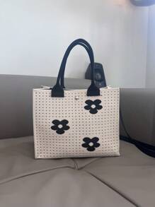 新款花朵镂空针织手提包，大容量针织单肩包，女士休闲手提包和杂货店购物袋，大尺寸手提包，小尺寸斜挎单肩包