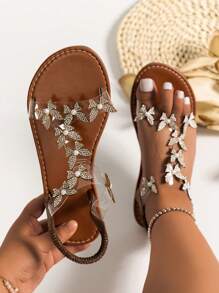 Women's 2025 Summer New Fashion Open Toe Crystal Butterfly Decor Classic Brown Sandals, Flat Comfortable Non-Slip, Outdoor Casual Beach Holiday Style